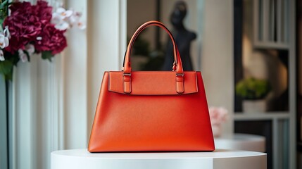 A vivid orange leather handbag on a white table in front of blurred room.