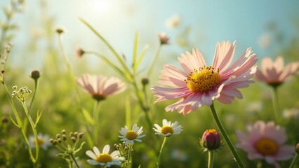 Close-up of Delicate Pink Erigeron Flower in Vibrant Meadow, Sunlit Day, Soft Blue Sky, Lush Green Foliage, Wildflower Bouquet, Nature Photography