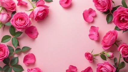 Beautiful Pink Roses Frame Border Background, Romantic Floral Arrangement, Valentine's Day, Wedding, Anniversary, Mother's Day, Greeting Card Design