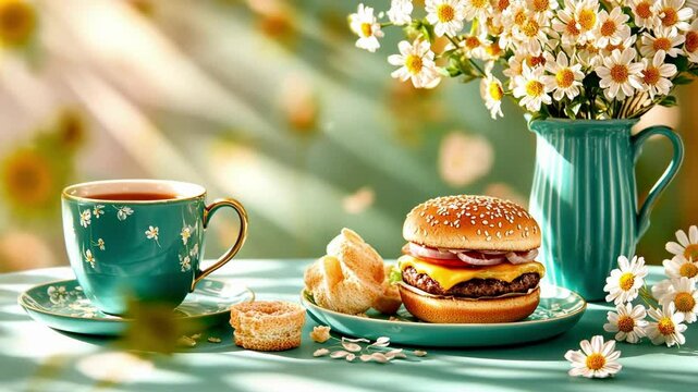 Cheeseburger and tea in a sunny spring setting with daisies