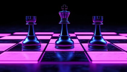 A vibrant chess scene with glowing pieces on a neon board, showcasing strategy and skill.