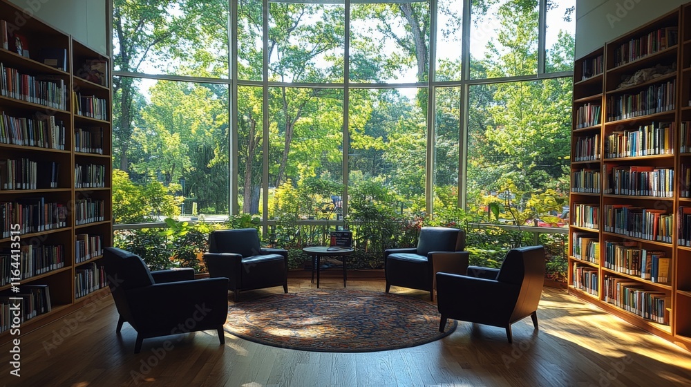 Poster A serene library corner with comfortable chairs surrounding a small table. Large windows bring in natural light and showcase lush outdoor trees, creating a peaceful atmosphere.