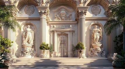 A stunning architectural facade featuring intricate sculptures and ornate columns, bathed in golden sunlight. The entrance is adorned with detailed carvings and flanked by two elegant statues of women