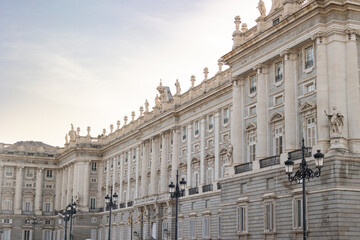 Views of the Royal Palace in Madrid, Spain at sunset. The Royal Palace of Madrid is the official residence of the King of Spain; however, the royal family does not live there, but in the Zarzuela Pal