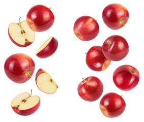 falling Red apple slices isolated on white background,