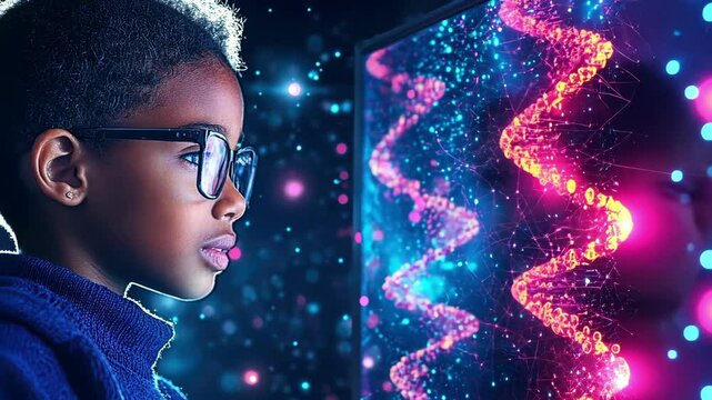 Child exploring vibrant digital dna visualization on screen in futuristic setting