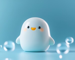 Cute blue character with cheerful expression against a soft blue background.