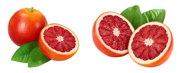 Blood red oranges with half isolated on white background  with full depth of field
