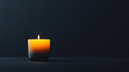   A lit candle on a dark table in the center of the image is a solitary candle in the foreground