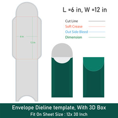 Envelope Dieline template, With 3D Box, Size 6x12 in