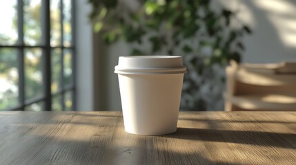 A white blank paper cup sits on a wooden table. 