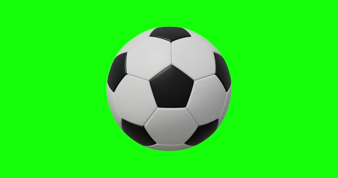 Animation of football soccer ball rotating on green screen, chroma key background, 3d motion graphics