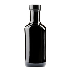 Black bottle containing soy sauce or worcestershire sauce on white background