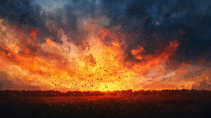 Fototapeta premium Majestic sunset over a tranquil landscape with vibrant colors and swirling clouds