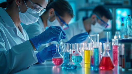 Scientists in Lab Conducting Experiments with Colorful Chemicals, Research Team Working in Modern Laboratory, Healthcare and Science Research Concept