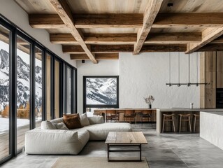 Fototapeta premium A large living room with a couch, coffee table, and a kitchen. The living room has a view of the mountains