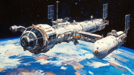 Fototapeta premium Exploring low earth orbit innovative digital art of the space station's cosmic realm