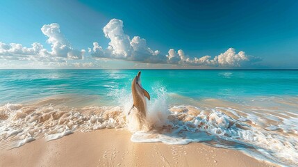 Fototapeta premium Dynamic dolphin leaping from ocean at tropical beach on a bright day nature photography