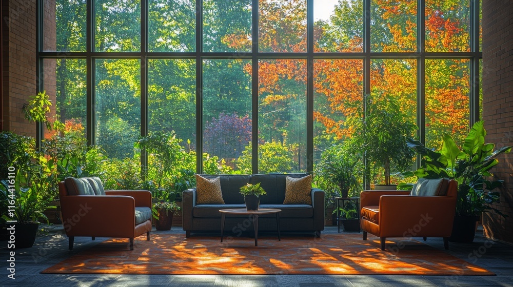 Poster a warm and inviting seating area features a dark gray sofa and two orange armchairs, bathed in sunli