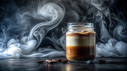 Layered coffee drink in a glass jar against a smoky backdrop