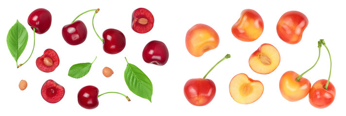red sweet cherry isolated on white background  . Top view. Flat lay