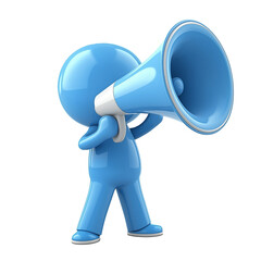 Blue man shouting through megaphone making announcement