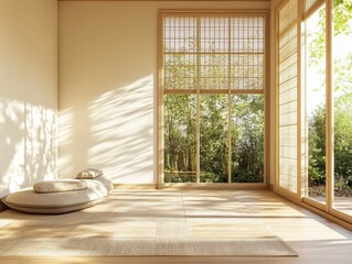 Fototapeta premium A room with a tan wall and a tan rug. There is a chair in the room