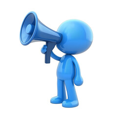 Blue cartoon character holding megaphone making announcement