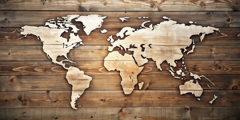Wooden World Map on Rustic Planks Global Exploration Theme