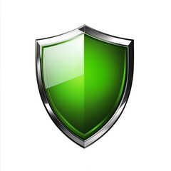 Green shield protecting with silver frame on white background