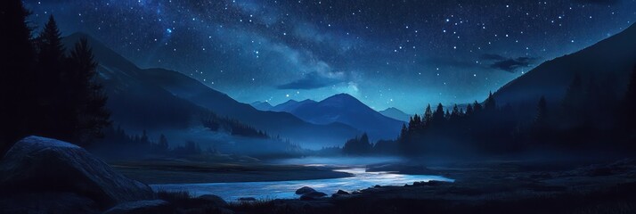 Fototapeta premium Serene Nighttime Mountain River Scene Under Starry Sky