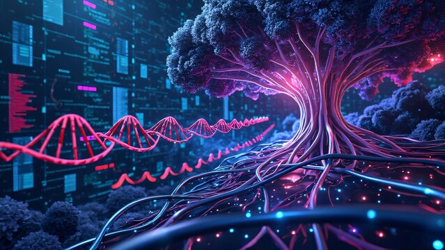 Futuristic Bio-Digital Tree, Glowing DNA Helix and Network Roots in Cyberspace - Powered by Adobe