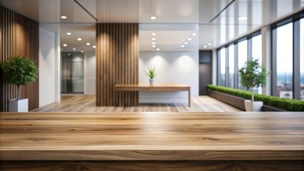 Fototapeta premium Modern Office Wood Tabletop Display with Blurred Background
