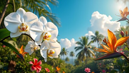 Majestic White Orchid Blooming in Vibrant Tropical Paradise, Sunlit Heliconia, Bird of Paradise, Hibiscus Flowers