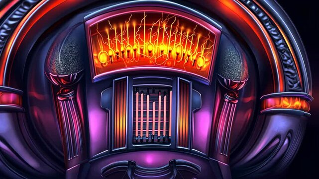 Colorful vintage jukebox lights up a lively atmosphere in a retro diner setting during the evening