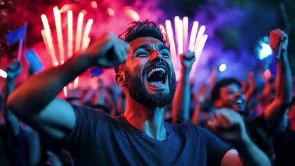 Energetic celebration: excited crowd enjoying fireworks at night event