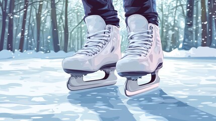 Ice skates. Ice skating on the ice rink. Vector illustration of winter sport, people skating in the city park on vacation on weekend, trees, nature for poster, background or banner