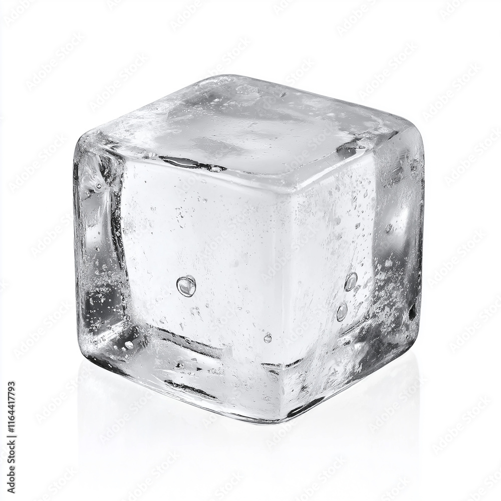 Poster crystal clear ice cube melting on white background reflecting light