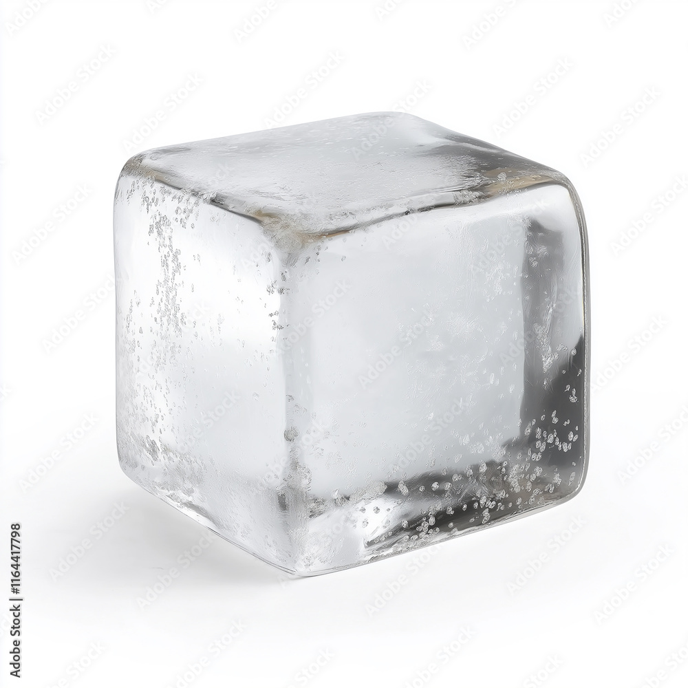 Poster single melting ice cube on white background reflecting light