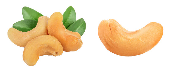 Roasted Cashew nuts with leaf isolated on white background  with full depth of field.
