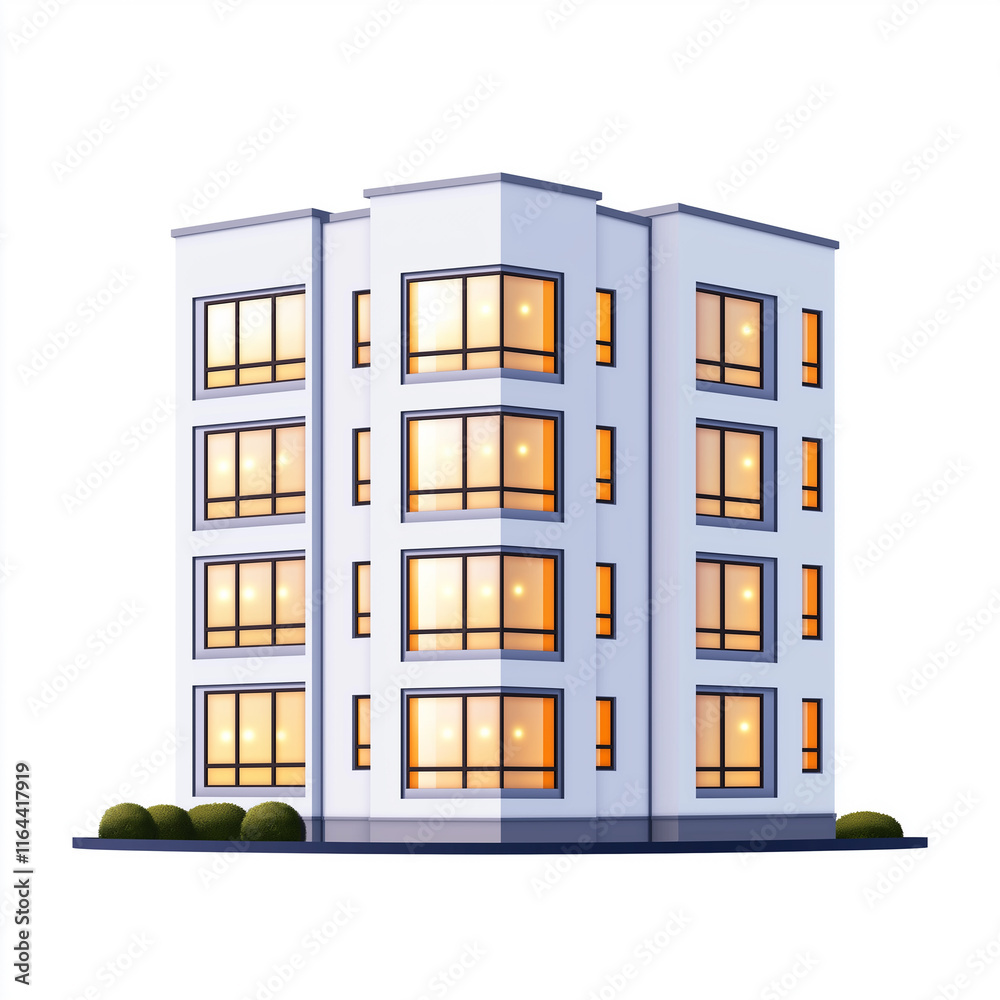 Poster Modern residential building with illuminated windows at dusk: 3d render