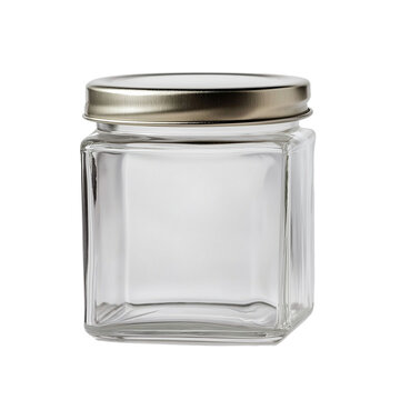 Empty square glass jar with metal lid isolated on white background