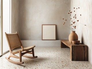 A wooden bench sits in front of a wall. A vase with flowers sits on the bench. A chair is in the room