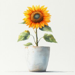 Obraz premium Bright Sunflower in Clay Pot with Green Leaves Against White Background