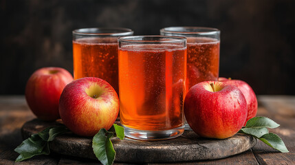 Apple juice and fresh red apples on a wooden table