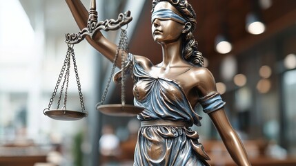 A detailed statue of Lady Justice, blindfolded, holding scales, symbolizing fairness and the law, set in a modern, well-lit environment.
