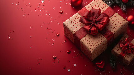 Fototapeta premium Presents with red bow on red background with heart confetti. Flat lay style. Valentine day concept.