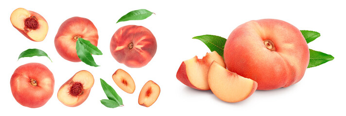Ripe chinese flat peach fruit and half with leaf isolated on white background. Top view. Flat lay