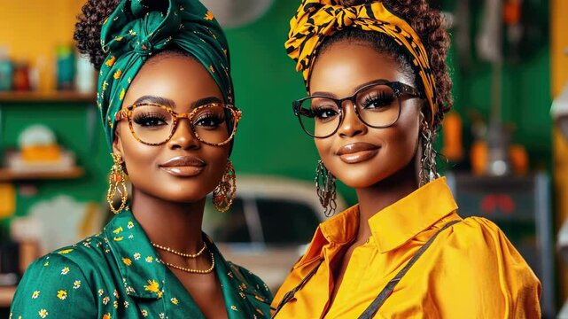 Stylish friends wearing glasses and colorful headwraps in retro workshop setting