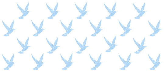 Pattern with blue silhouette of birds flight in the white background